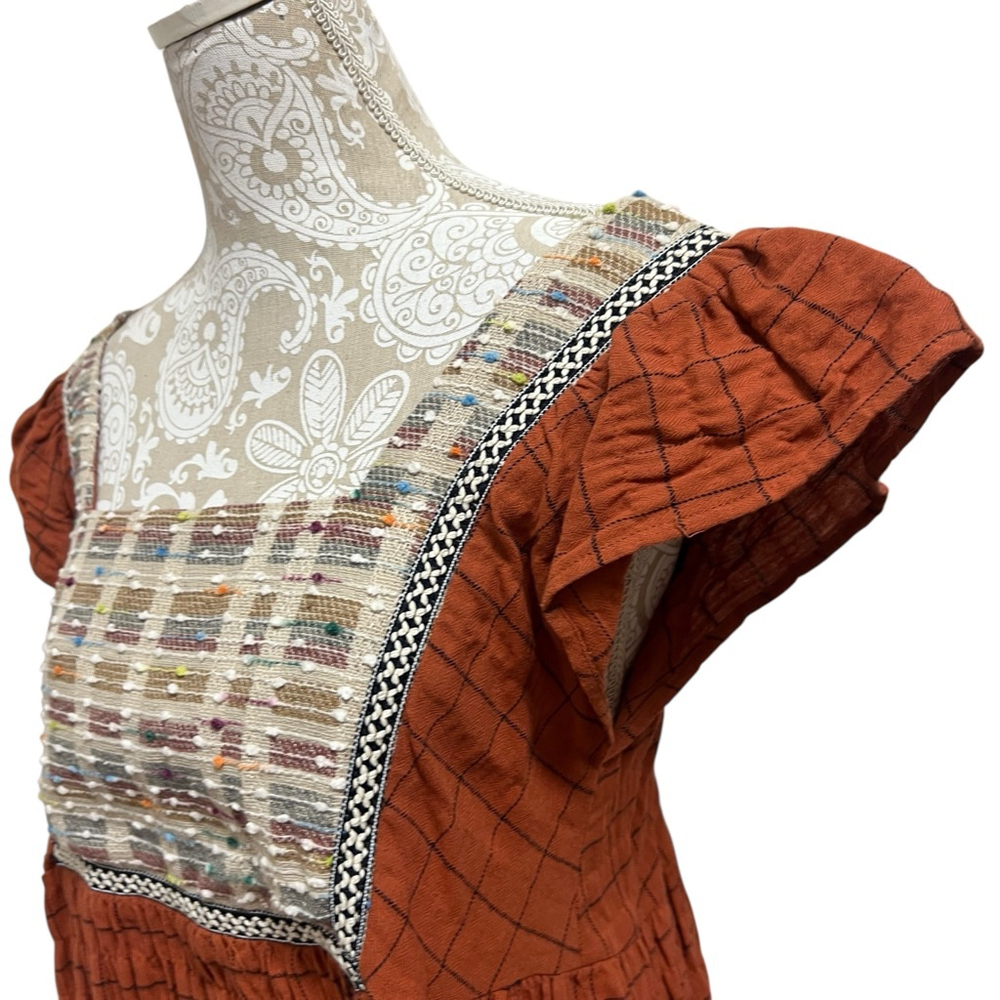 Rust Orange Entro Boho Embroidered Square Neck Ruffle Sleeve Top Size Small - Picture 7 of 10